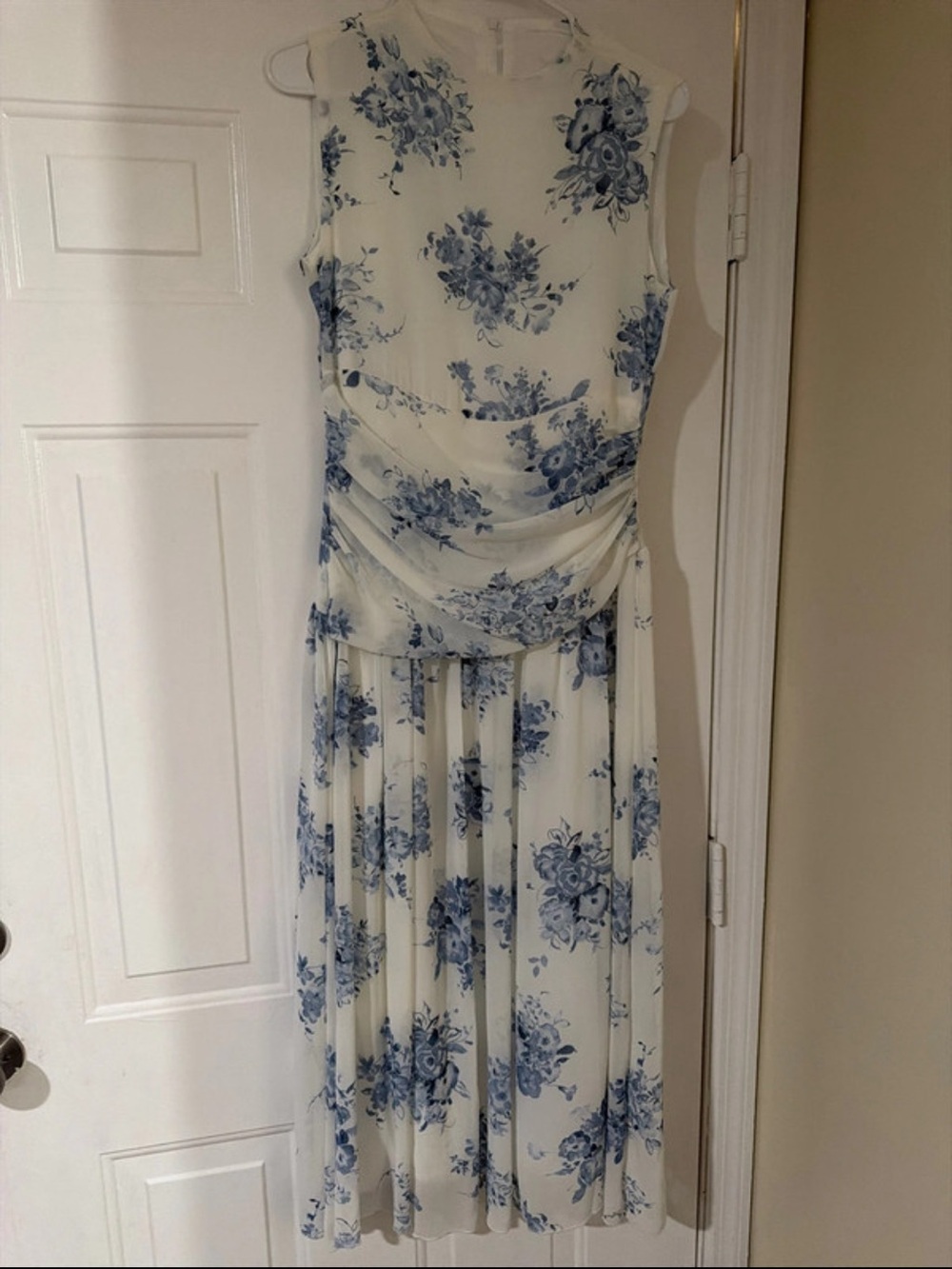 Sleeveless White and Blue Floral Midi Dress